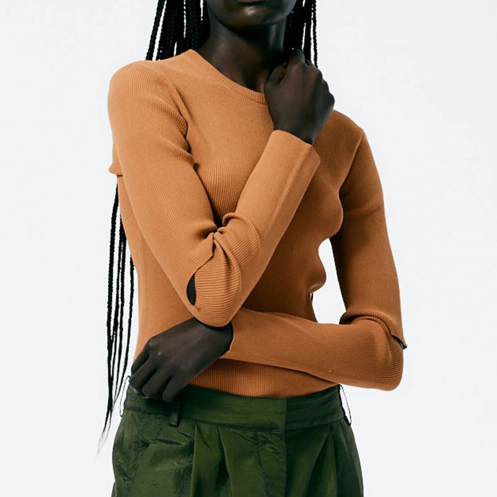 Tibi Giselle Slash Cutout Crewneck Pullover, Caramel, XXS, NWT